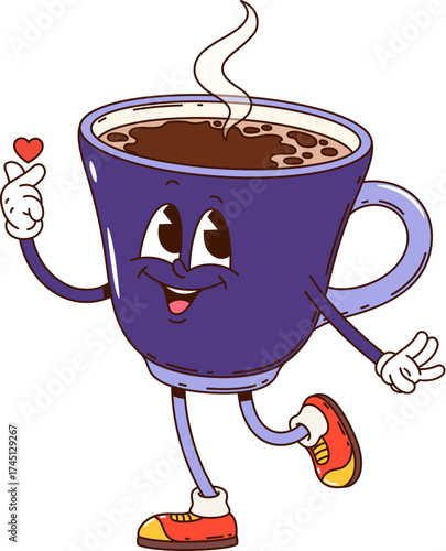 Cartoon groovy coffee cup drink character with smiling face, steam rising and finger heart gesture. Isolated vector purple porcelain hot coffee mug retro breakfast personage with cheerful lovely face