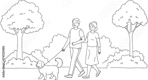 Couple walking dog, park stroll, outdoor leisure, companionship illustration, black and white drawing, nature walk, pet bonding, peaceful lifestyle,