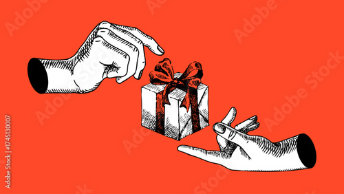 Modern art collage of sketch hands with present box. E-commerce, customer loyalty programs, event, corporate culture, influencer collaboration concept. Retro hand drawn vector illustration.