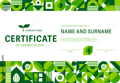 Ecology environment certificate of appreciation with geometric Bauhaus pattern. Ecology protection vector certificate, planet sustainability diploma. Environment saving letter with Bauhaus pattern