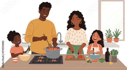 Family cooking together, modern kitchen, healthy lifestyle, teamwork in cooking, joyful meal prep, culinary bonding, fresh ingredients, home cooking, family activity,
