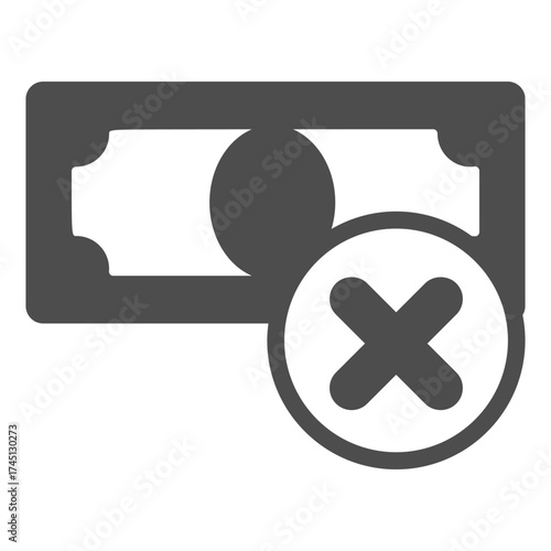 Paper dollar bill ban solid icon, cash concept. Vector graphics. Banknote with close button, forbidden item sign on white background, glyph style icon for mobile or web design.