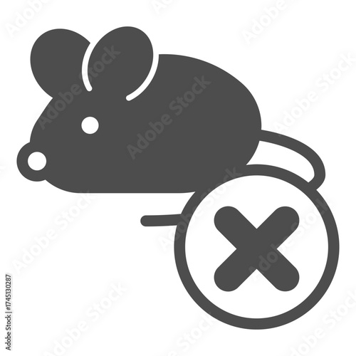 Laboratory mouse ban solid icon, pest concept. Vector graphics. Rat with close button, forbidden item sign on white background, glyph style icon for mobile or web design.