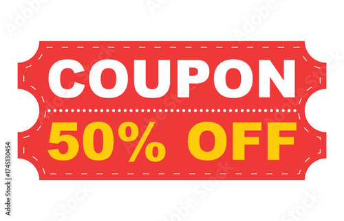 Half price coupon, ticket shape, red yellow color, 50 percent off, bold lines, sale, shopping voucher