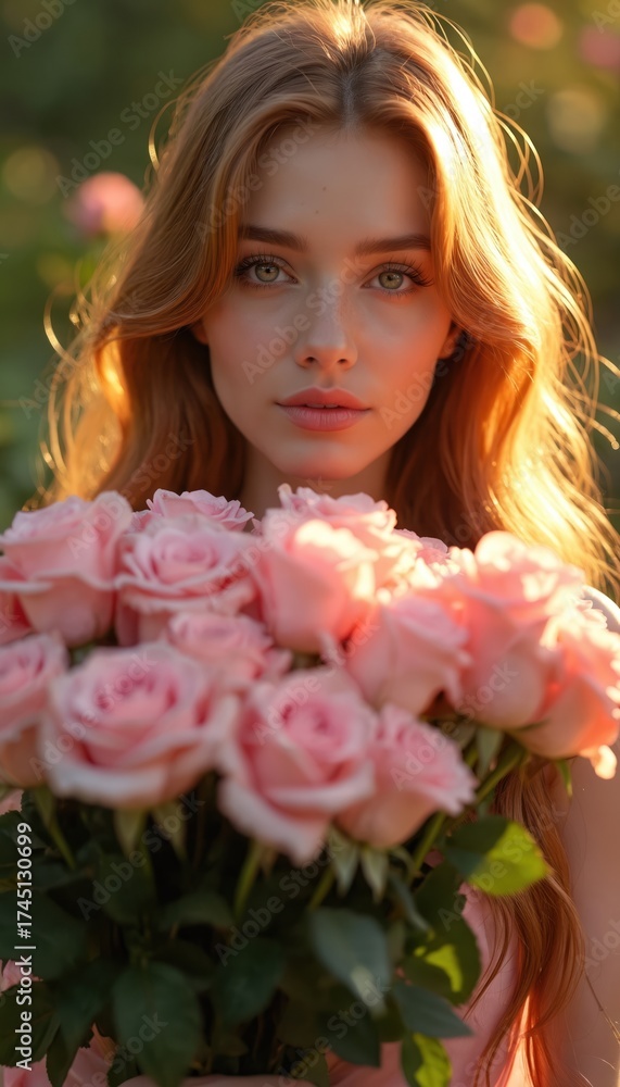 Naklejka premium Young woman with long hair holds bouquet of pink roses in sunlit garden during golden hour. Soft warm light illuminates her face and floral arrangement, creating atmosphere of serenity and joy.