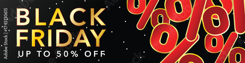 Gold and red discount banner, Black Friday ad, percent symbol pattern, up to half price, shopping deal.