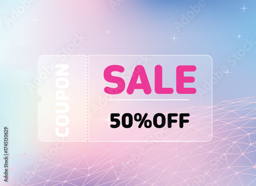 Discount coupon card, half price offer, vibrant pink sale ticket, promotion badge, shopping icon vector