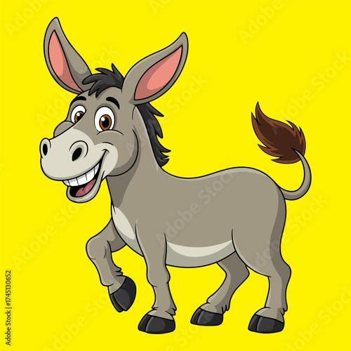 Cute Smiling Cartoon Donkey Character Isolated on yellow Background