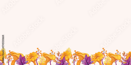 Fall banner border, decorative botanical elements, forest mushrooms, colorful foliage, seasonal template, modern illustration.