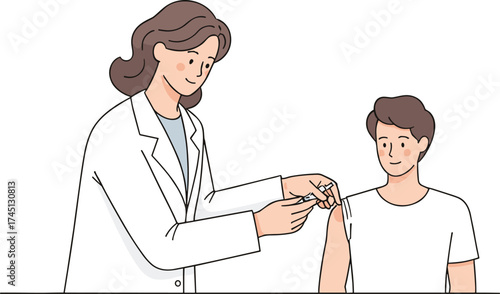 Healthcare vaccination, medical injection, doctor and patient, immunization concept, public health, clinical care, prevention medicine, cartoon illustration, wellness support, hospital procedure,