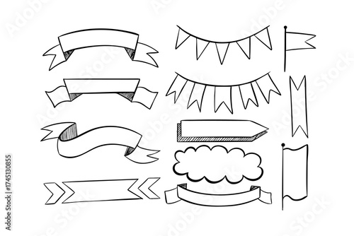 Hand draw vector ribbons, banners and flags set.