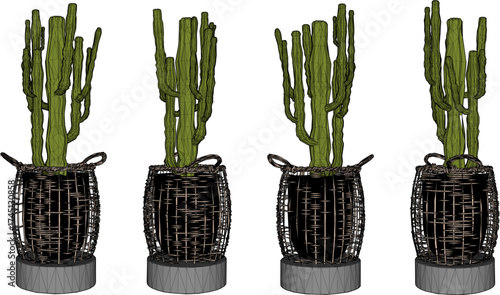 Vector sketch illustration of decorative design of decorative cactus plants in pots 