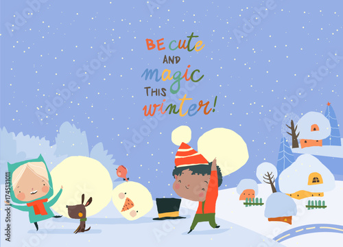 Children building Snowman Together and having Snowball Fight in Forest during Snowfall. Kids jumping and running