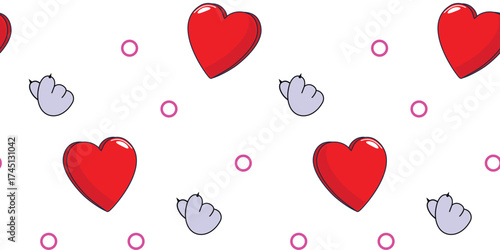Pattern with red hearts, mini hands making Korean finger heart love sign, playful circles, white background