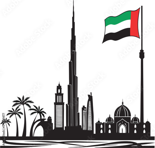 uae skyline with burj khalifa mosque palm trees and flag representing modern architecture and cultural heritage