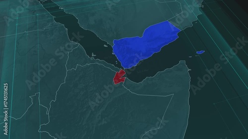 Zoom in to the map of Bab al-Mandab Strait with text, textless.