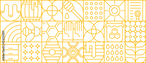 Honey and beekeeping pattern. Modern linear apiary production grid. Vector background with honey jars, bees, hives, hexagon cells, sun, drops, flowers and tools in golden yellow outline squares