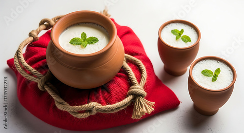 Traditional Indian Buttermilk in Clay Pots – Fresh Homemade Yogurt Drink Garnished with Mint Leaves