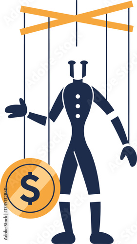 Puppet controlled by money, concept of financial manipulation