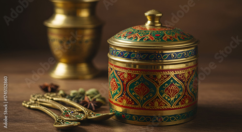 Traditional Indian spice box (masala dabba) with brass spoons and rich textures