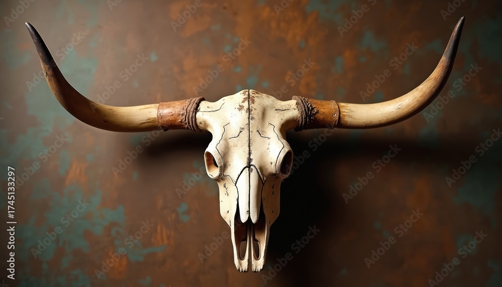 Fototapeta premium Close up of a longhorn bull skull. Animal bones decorate ranch on wild west. Skeleton symbolizes Texas western culture and cowboy lifestyle in rustic art. Cattle head with big horns.