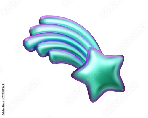 Holographic shooting star vector 3d icon. Metallic iridescent y2k bling.