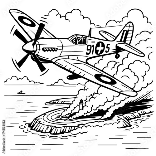 Vintage Fighter Plane Attacking Coastal Base – Black and White Line Art Illustration
