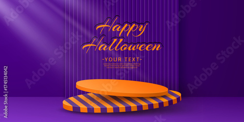 Halloween podium stand with vector 3d purple background and orange striped stage platform, vector autumn seasonal and cosmetic product promotion. Spooky Halloween podium with realistic round pedestal