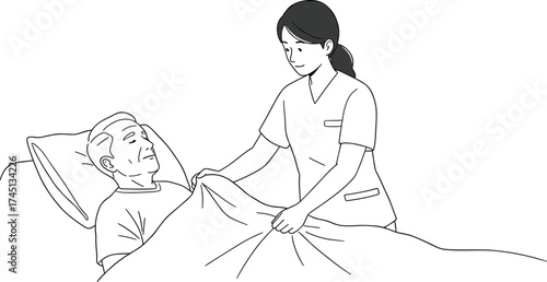 Nurse caring for elderly patient, hospital bed, healthcare compassion, medical support, caregiver illustration, patient comfort, clinical care, senior health,