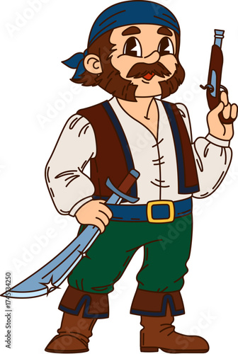 Pirate and Caribbean corsair sailor cartoon character with musket gun, vector groovy personage. Caribbean pirate or ship crew seaman corsair character in sailor bandana with dagger sword or saber