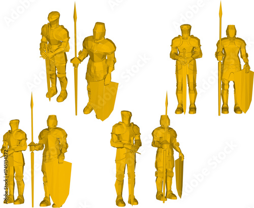 Vector sketch illustration of decorative ornament design of a knight statue wearing armor with war equipment