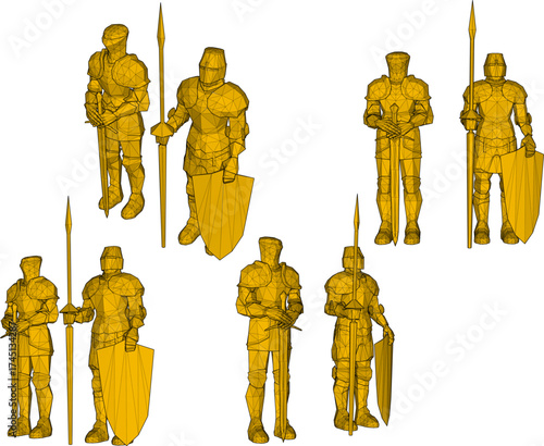 Vector sketch illustration of decorative ornament design of a knight statue wearing armor with war equipment