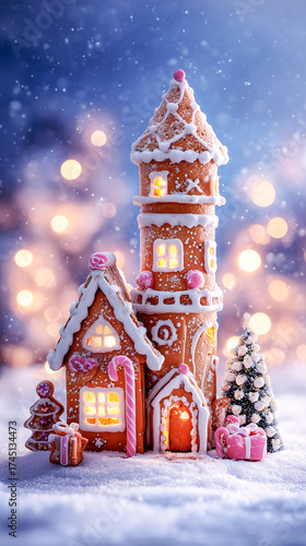 Magical gingerbread house and snowy christmas scene with twinkling lights and gifts