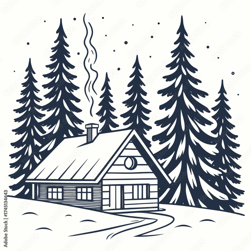 Fototapeta premium Cozy wooden cabin in snowy forest with pine trees and smoke 