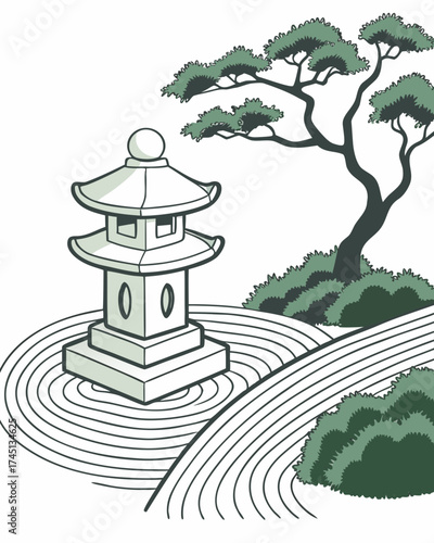 Minimalist vector stone pagoda in zen garden with raked sand