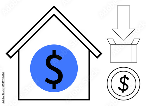 House outline with a blue dollar sign, downward arrow pointing to a box, and dollar coin. Ideal for finance, investment, saving, economic planning, housing cost reduction mortgage. Simple flat