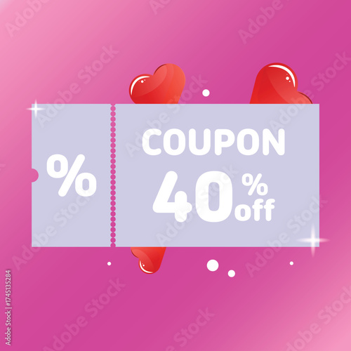 Coupon for forty percent off, violet ticket with hearts, promotional offer, shopping sale vector illustration.