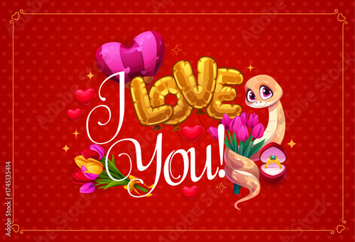 Happy Valentine day greeting card with I love you quote and snake, cartoon vector. Valentine day holiday romantic quote with happy snake in love with heart balloons and wedding ring with flowers