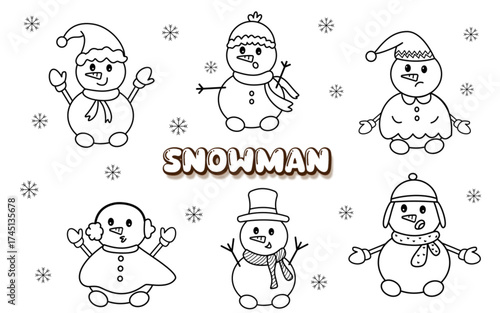 Cute kawaii Snowman doodle set christmas and winter design