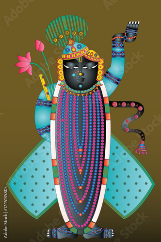 Shrinathji, Jagannath, or Lord Krishna with cows, in Indian folk painting Pichwai style	
