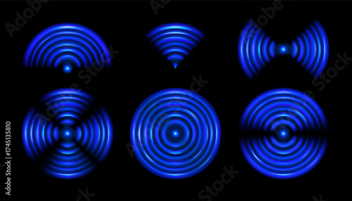 Sound signal vector effect. Radar wifi wave. Blue radial light design elements set