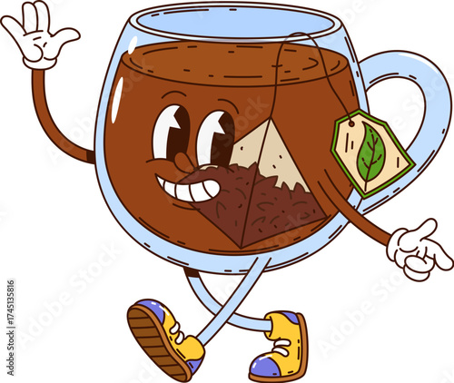 Cartoon groovy tea cup drink character. Isolated vector cheerful teacup retro breakfast personage with teabag and hippie sneakers, exuding nostalgic funky vibes. Hot drink mug evokes a sense of joy
