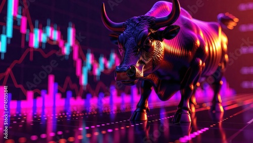 Bull statue in front of stock market chart.