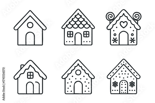 Whimsical gingerbread houses for festive decoration ideas and crafts. Set of 6 black Christmas icons