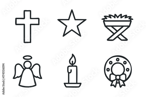 Holiday symbols collection for festive celebrations and decor. Set of 6 black Christmas icons