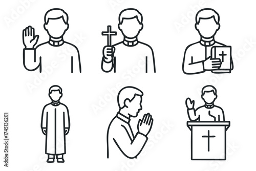 Characters representing Christian faith activities and expressions. Set of 6 black Christmas icons