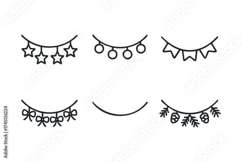 Decorative string elements for festive celebration design. Set of 6 black Christmas icons