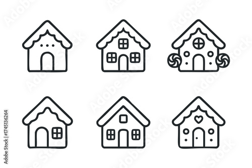 Gingerbread house designs for festive holiday decoration. Set of 6 black Christmas icons