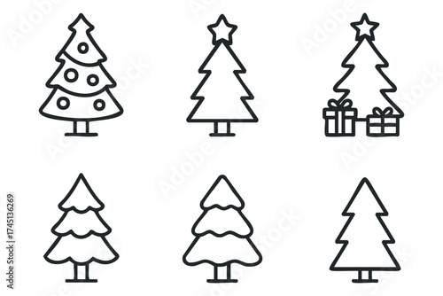 Minimalist Christmas tree designs for festive decoration. Set of 6 black Christmas icons