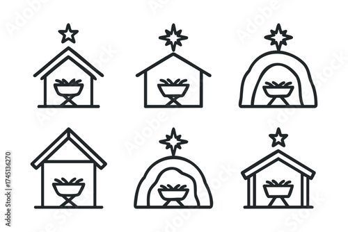 Nativity scene icons for holiday decorations and designs. Set of 6 black Christmas icons
